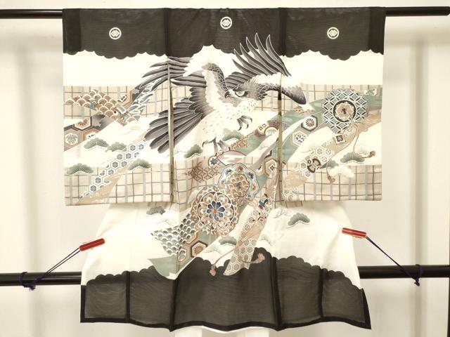 長閑やかさ屋御召しもの＊夏物 お宮参り 御坊っちゃん 祝着 産着 初着 のしめ 絽 鷹 鷲 鏡裏花松文 銀彩 珠玉 DAAW2920ma