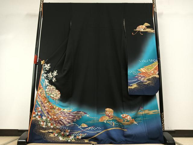長閑やかさ屋御召しもの●華燭の典ファッションデザイナー・桂由美 振袖 鼓花文 暈し染め 黒地 金彩 ロング丈 正絹 珠玉 AABI1283fy