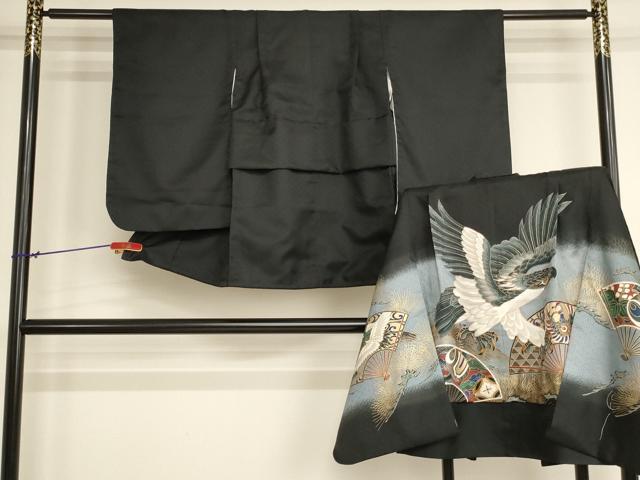 平和屋着物[]七五三　男の子　祝着・羽織セット　鷹　舞扇松文　黒地　金彩　AABJ5716ja｜平和屋