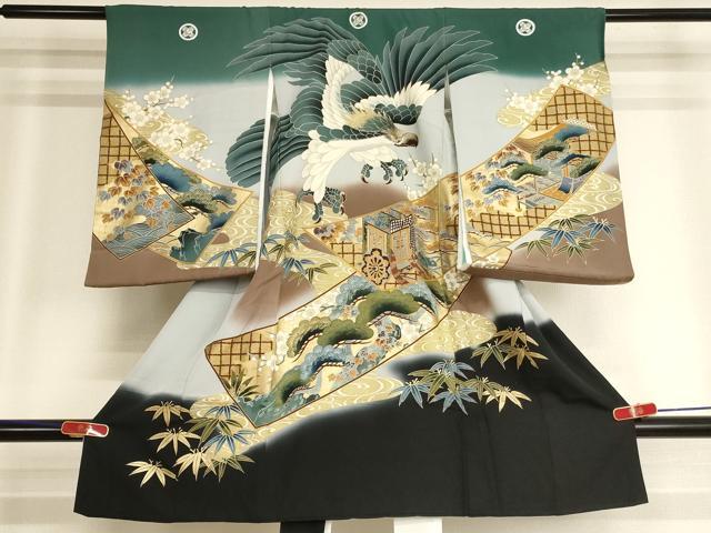 平和屋着物[]お宮参り　男の子　祝着　産着　初着　のしめ　鷹　絵巻草花文　暈し染め　金彩　逸品　AABK8923ja｜平和屋