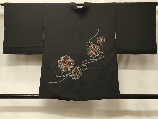 長閑やかさ屋御召しもの＃羽織 鏡裏正倉院花文 黒地 正絹 珠玉 CABF8985インチ