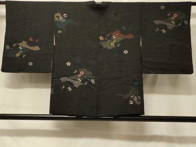 長閑やかさ屋御召しもの＃羽織 寿光織 霞舞花文 黒地 現ナマ糸 正絹 珠玉 CABF8986インチ