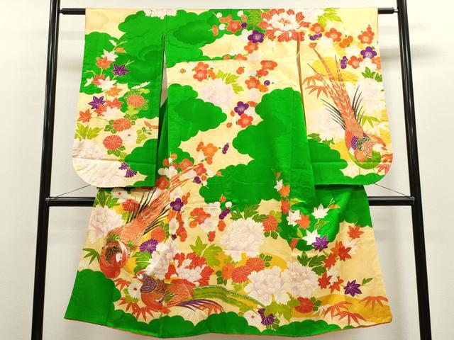 平和屋着物[]七五三　女の子　７歳　祝着　四つ身　駒刺繍　尾長鳥雲取り草花文　金彩　逸品　CAAZ7093ze｜平和屋