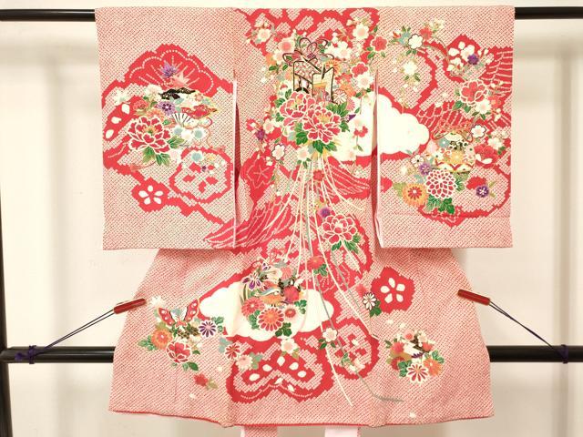 平和屋着物[]お宮参り　女の子　祝着　産着　初着　のしめ　鴛鴦　御所車花蝶文　金彩　逸品　DABA3777ma｜平和屋