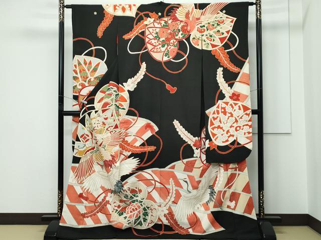 平和屋本店●極上　アンティーク　大正ロマン　振袖　駒刺繍　飛鶴草花文　黒地　金彩　逸品　CZAA5644s6｜平和屋