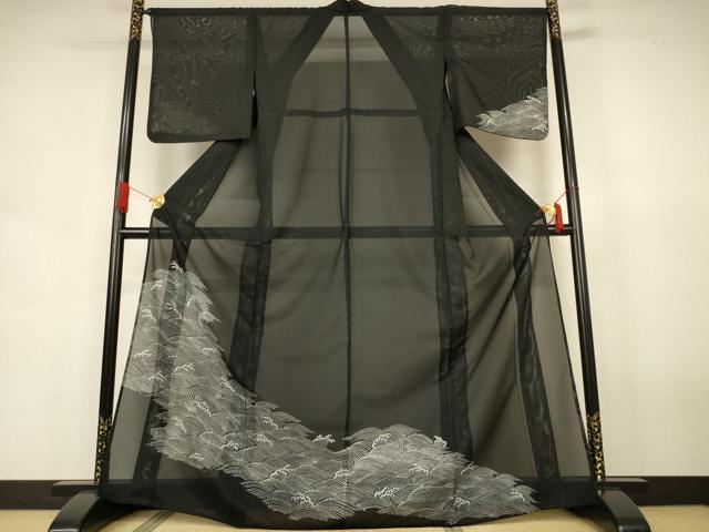 長閑やかさ屋お召しもの＊夏物 短い訪問着 絽 立波文 黒地 洗えるお召しもの AABJ6430jd