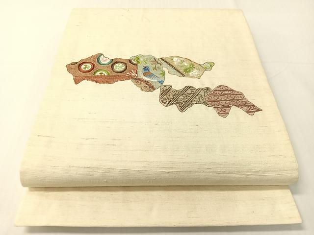 長閑やかさ屋お召しもの●総刺しゅう 膜鳴楽器柄袋帯 紬地 更紗花鳥文 正絹 珠玉 CABG1904vp
