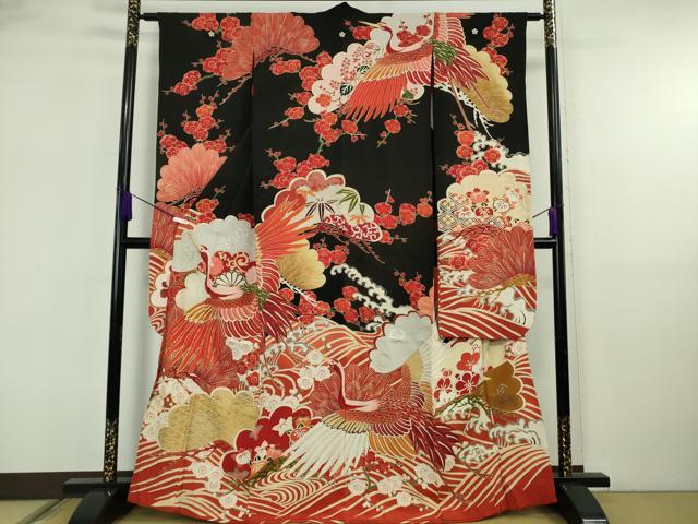 長閑やかさ屋中央局●より良い アンティーク 大正物語り 振袖 駒刺しゅう 立波飛鶴文 黒地 現ナマ彩 珠玉 DZAB6745kh6