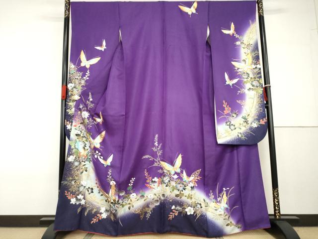 長閑やかさ屋御召しもの●晴れ晴れしい振袖 花蝶文 暈し染め 金彩 銀通し地 正絹 珠玉 AABG7812cs