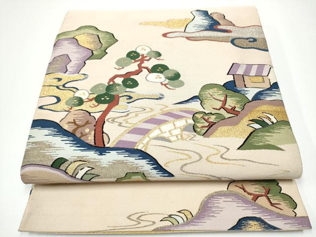 長閑やかさ屋御召しもの●爪掻き本綴れ 膜鳴楽器柄袋帯 水筋見晴らし文 金糸 正絹 珠玉 CABF8765hy
