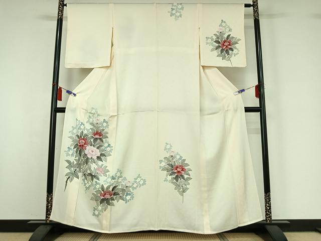 長閑やかさ屋御召しもの▽短い訪問着 単衣 手書き 顕花植物文 正絹 珠玉 AABI7077jh