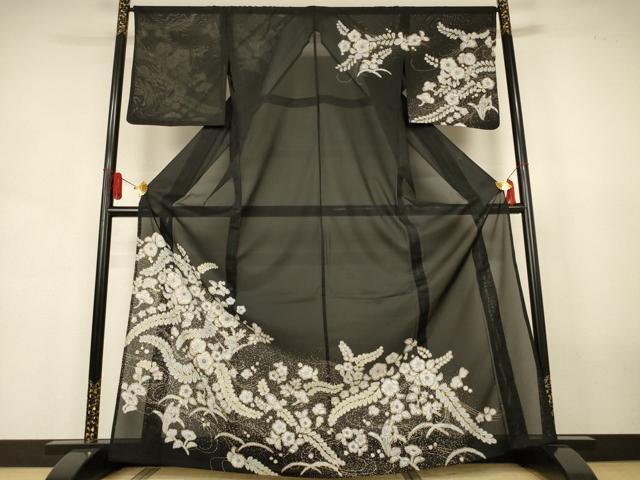 長閑やかさ屋お召しもの＊夏物 短い訪問着 絽 辻が花 黒地 洗えるお召しもの AABJ6438jd