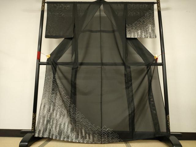 長閑やかさ屋お召しもの＊夏物 短い訪問着 絽 植物文 黒地 銀彩 洗えるお召しもの AABJ6444jd