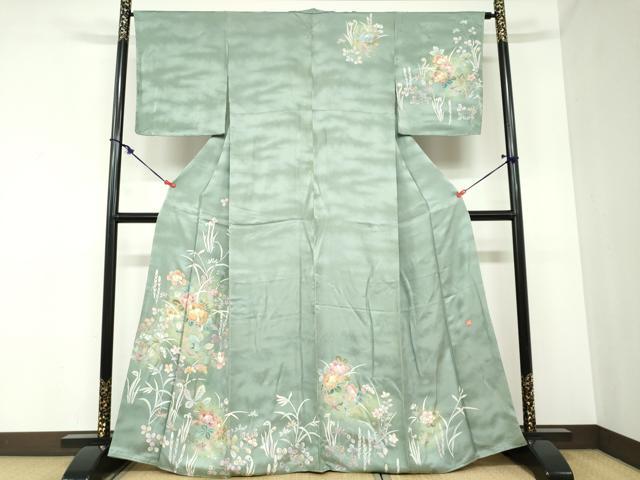 長閑やかさ屋お召しもの●短い訪問着 友禅 文筆家物 花籠文 たたき染 正絹 珠玉 DABB0868ud