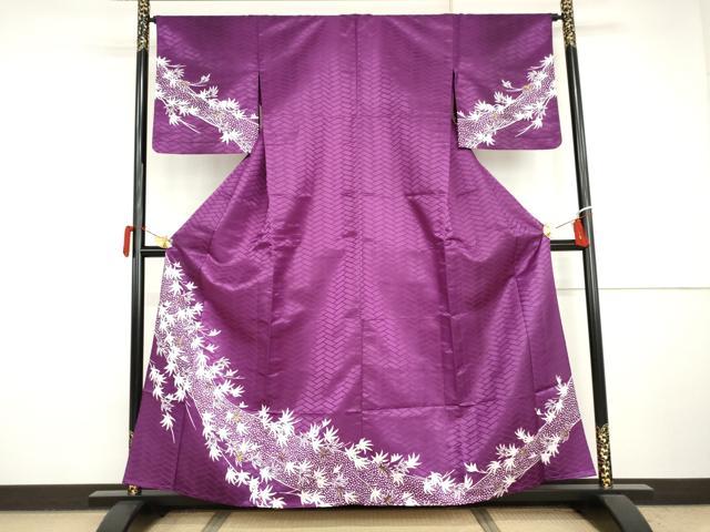 長閑やかさ屋御召しもの▽短い訪問着 単衣 枝葉文 金彩 洗える御召しもの AABI7198cs