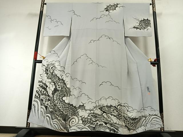 長閑やかさ屋御召しもの●短い訪問着 絵描き物 墨付き 逸鬼 龍 暈し染め 正絹 珠玉 AABI1270fy