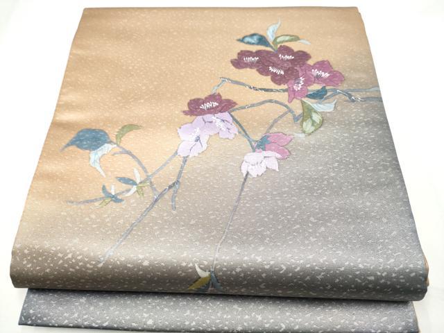 長閑やかさ屋御召しもの●染めつける絵描き 草野一騎 膜鳴楽器柄袋帯 枝花文 引箔 正絹 珠玉 未当て嵌める CABE4796hy
