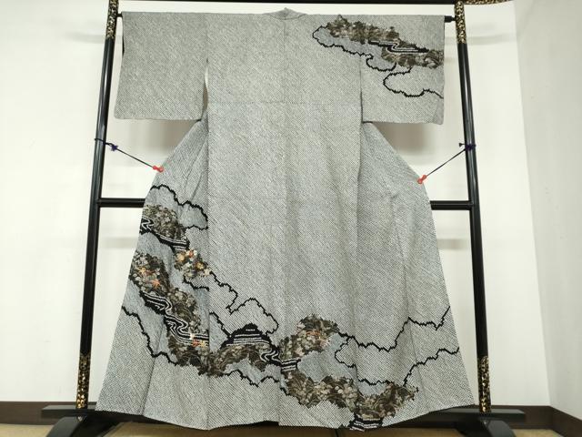 長閑やかさ屋お召しもの●短い訪問着 総絞り 駒刺しゅう 雲霞水筋顕花植物文 黒地 金彩 正絹 珠玉 DABB0925ud