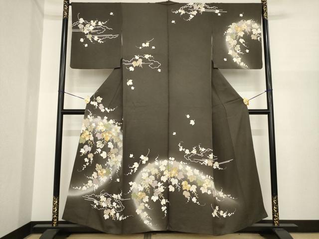 長閑やかさ屋お召しもの●短い訪問着 駒刺しゅう 南天文学 金彩 正絹 珠玉 AABI9653ck
