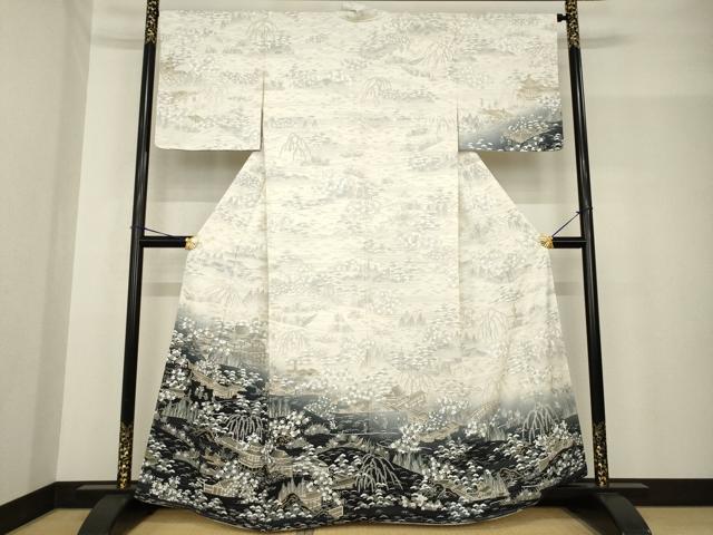 長閑やかさ屋御召しもの●短い訪問着 中国三大刺しゅう 汕頭刺繍 スワトウ刺しゅう 重要人物見晴らし花文 暈し染め 金糸 健勝苑取りまわし 正絹 珠玉 AABF8224ck