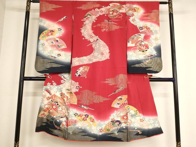 長閑やかさ屋御召しもの[]七五三 うしろ帯 ７歳 祝着 四つ身 駒刺しゅう 鈴 扇子花鳥文 暈し染め 現ナマ彩 珠玉 AABE2121ja