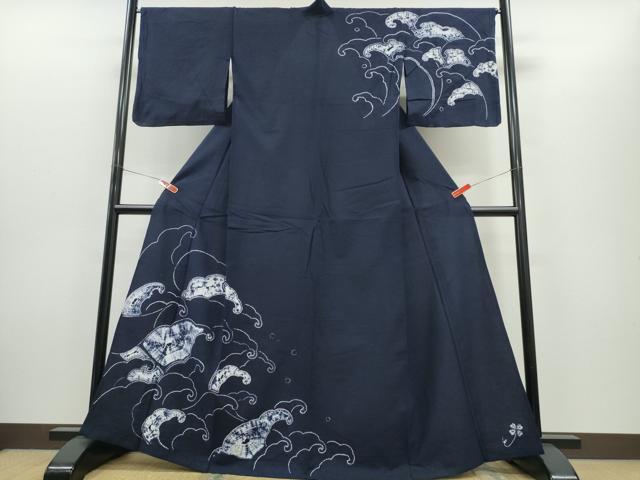 長閑やかさ屋御召しもの∴夏物 浴衣 短い訪問着 有松鳴海絞り 立波文 濃藍色 綿 珠玉 CABH1398ng