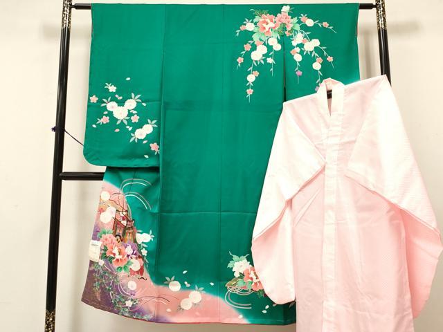 長閑やかさ屋御召しもの[]七五三 御嬢さん ７歳 祝着 四つ身 はだ着(無双仕立てもの)書き割り 御所車花文 暈し染め 金彩 珠玉 未当てはめる DAAY3482ma