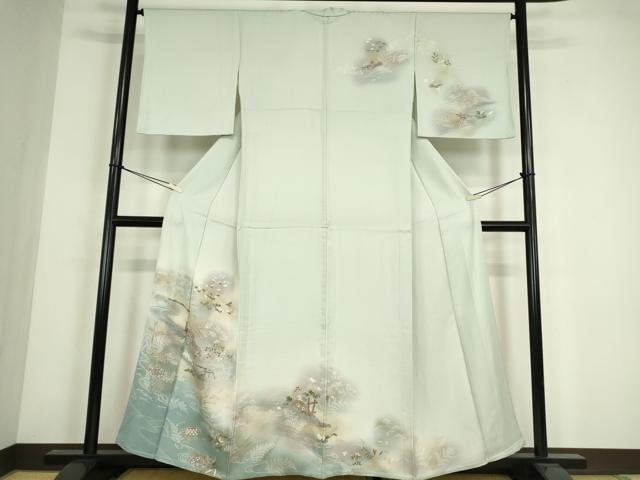 長閑やかさ屋御召しもの▽短い訪問着 単衣 水辺見晴らし片輪車花文 暈し染め 金彩 正絹 珠玉 DABE4416az