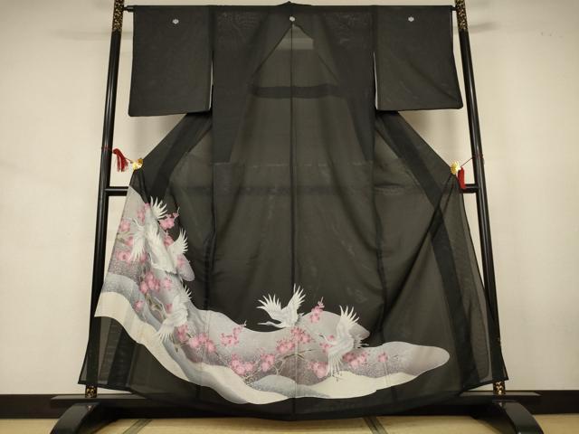 長閑やかさ屋お召しもの＊夏物 黒留袖 絽 枝梅文 鶴 洗えるお召しもの AABJ6459jd
