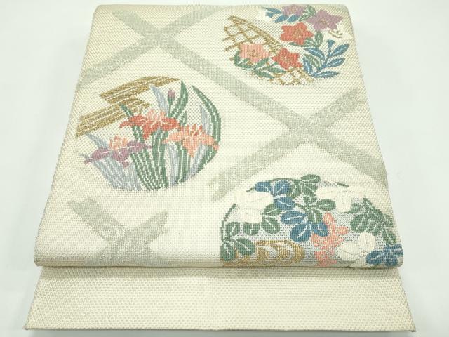長閑やかさ屋御召しもの＊夏物 膜鳴楽器柄袋帯 秋草丸文 現ナマ糸 正絹 珠玉 CABF4717rv