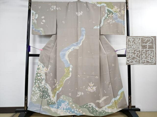 平和屋本店●極上　創業460年・千總　訪問着　刺繍　道長花松葉　枯野色地　大丸扱い　逸品　DZAB4966kh6｜平和屋