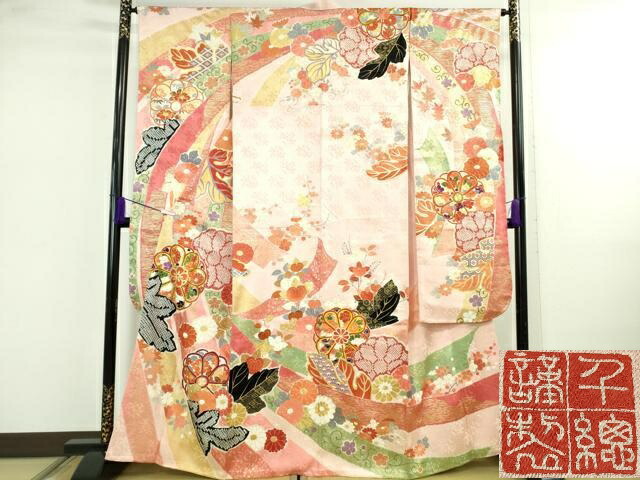 長閑やかさ屋中央局●御前上等 打ち立てる460年・千總 振袖 駒刺しゅう 絞り 風呂敷き包み熨斗吉祥花文 虹色地 金彩 大丸取りまわし 珠玉 DZAB4967kh6