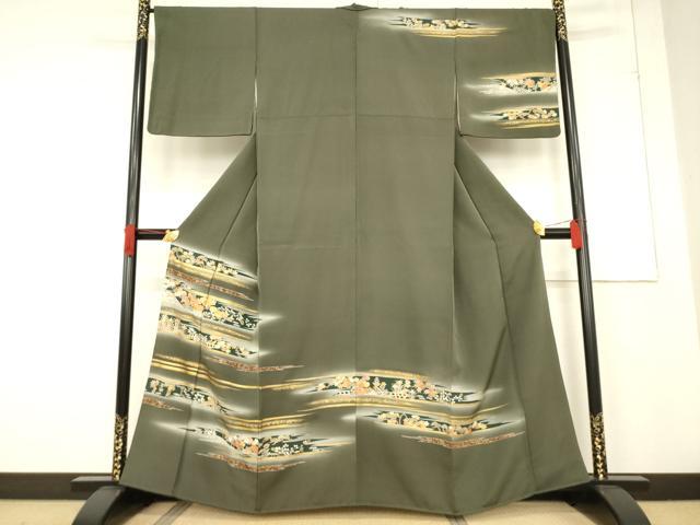 平和屋着物●訪問着　駒刺繍　渡り橋風景花文　金彩　正絹　逸品　AABF1339ck｜平和屋