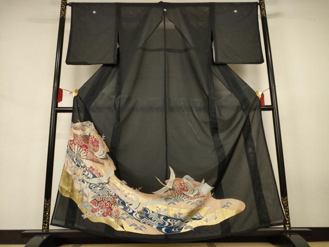 長閑やかさ屋お召しもの＊夏物 黒留袖 絽 扇子吉祥花文 鶴 金彩 洗えるお召しもの AABJ6461jd