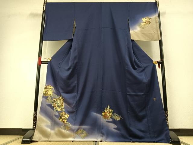 長閑やかさ屋御召しもの●漆芸術絵描き 金森一博 短い訪問着 色紙花文 暈し染め 金彩 さが美取りまわし ロング丈 正絹 珠玉 AABH4829fy