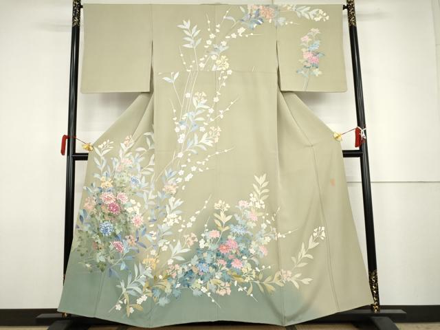 長閑やかさ屋お召しもの●本加賀友禅文筆家 短い訪問着 枝花文 正絹 珠玉 AABJ8677cs