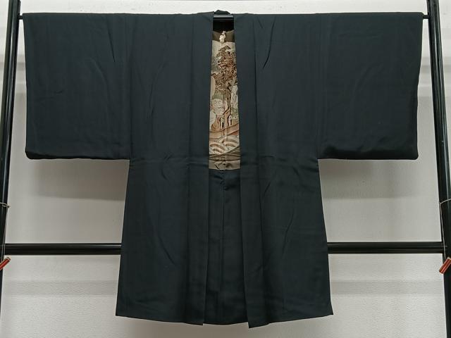 平和屋着物∞男性 長羽織 黒色 羽裏:七福神 正絹 逸品 CABE4988ua|平和屋