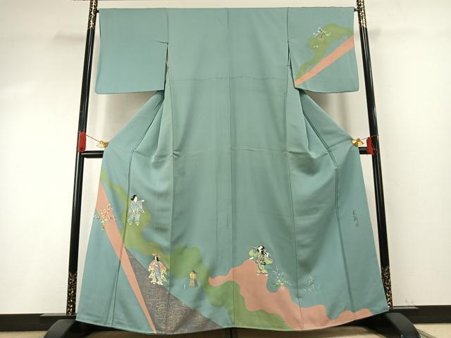 長閑やかさ屋御召しもの●短い訪問着 絵描き物 墨付き 道長重要人物文 金彩 正絹 珠玉 AABI1236fy