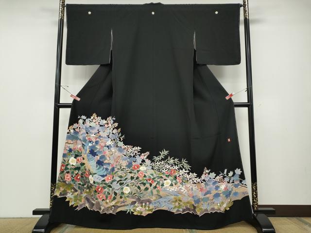 長閑やかさ屋御召しもの●本加賀友禅絵描き 浅野冨治男 黒留袖 クジャク花文 正絹 珠玉 CABD7391ut