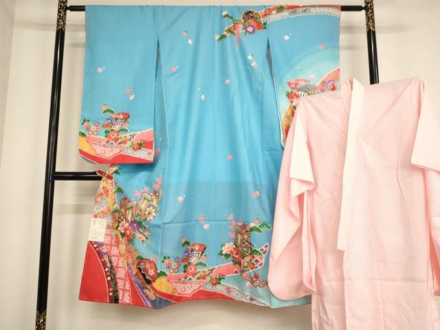 長閑やかさ屋御召しもの[]七五三 うしろ帯 ７歳 祝着 四つ身 長襦袢(単衣)仕掛ける 御所車花文 暈し染め 金彩 AABE2117ja