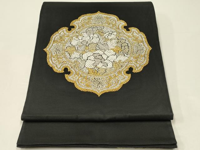 長閑やかさ屋御召しもの＊夏物 膜鳴楽器柄袋帯 正倉院花文 黒地 現ナマ糸 正絹 珠玉 CABH5787rv