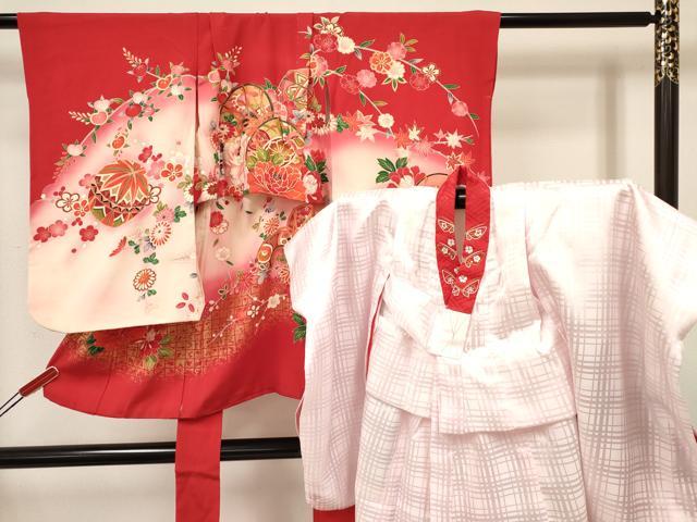 長閑やかさ屋御召しもの[]七五三 うしろ帯 ３歳 祝着 参身 長襦袢(袷・半衿刺しゅう)仕掛ける 鼓花文 暈し染め 金彩 珠玉 DAAY3469ma