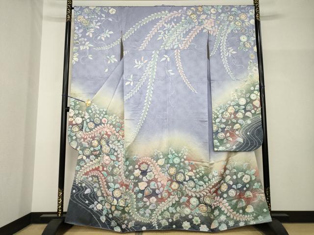 平和屋着物●伯河貞雄　振袖　辻が花　絞り　舞花文　暈し染め　銀通し地　正絹　逸品　AABH7053ck｜平和屋