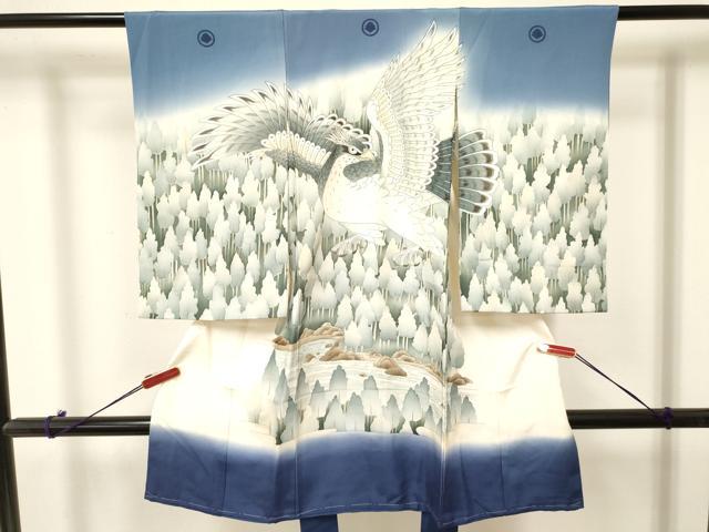 長閑やかさ屋御召しもの[]お宮参り 御坊っちゃん 祝着 産着 初着 のしめ 鷹 鷲 森林地帯見晴らし文 暈し染め 金彩 珠玉 DAAY3439ma