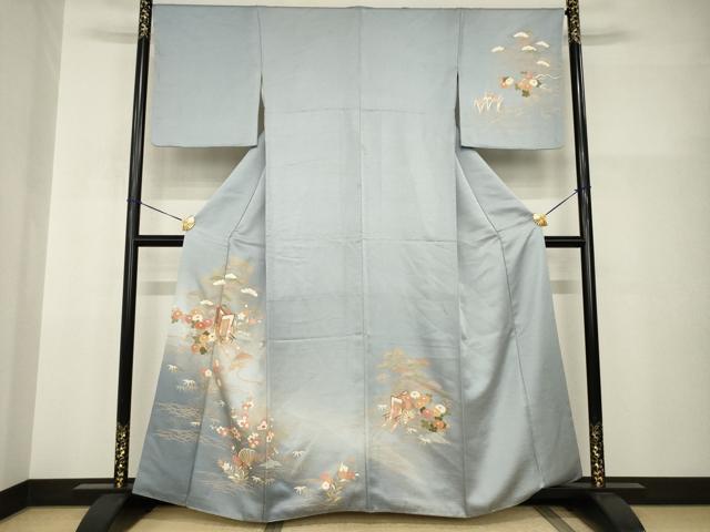長閑やかさ屋御召しもの●短い訪問着 駒刺しゅう 御所車花文 金彩 正絹 珠玉 AABI0808ck