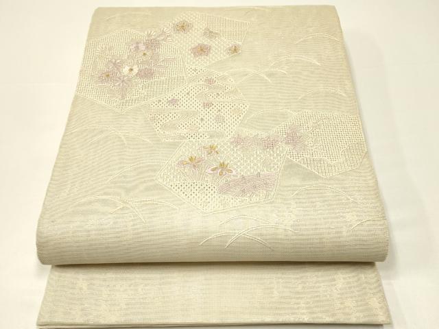 長閑やかさ屋御召しもの＊夏物 膜鳴楽器柄袋帯 総刺しゅう 中国三大刺しゅう スワトウ刺しゅう 亀甲花文 現ナマ糸 正絹 珠玉 CABH5783rv