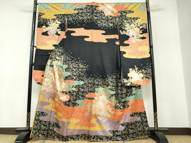 長閑やかさ屋御召しもの●華燭の典ファッションデザイナー・桂由美 振袖 エ霞割れ易い文 黒地 現ナマ彩 やまと誂製 正絹 珠玉 DABB0478ud