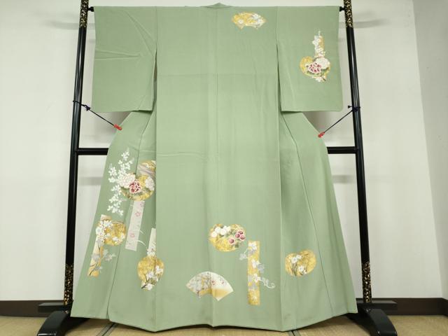 平和屋着物●訪問着　駒刺繍　地紙飛鶴草花文　金彩　正絹　逸品　DABB0480ud｜平和屋