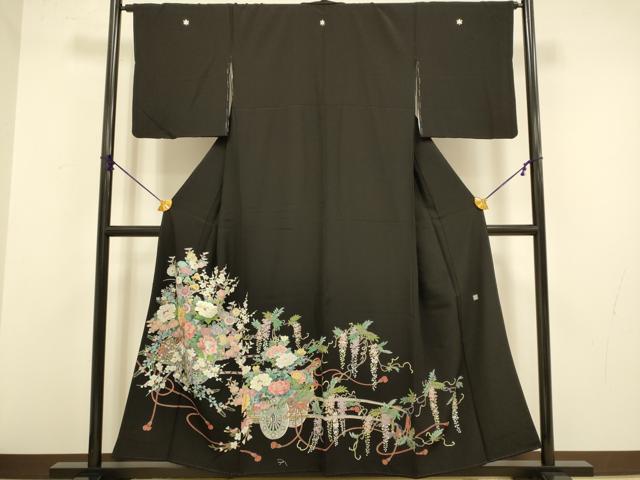 長閑やかさ屋御召しもの●晴れ晴れしい黒留袖 友禅 絵描き物 割れ易い文 絵描き物 正絹 珠玉 DABA8880du
