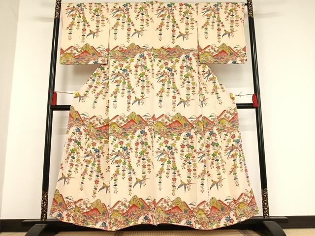長閑やかさ屋御召しもの●付下げ 紅型 型染め 遠山見晴らし花鳥文 正絹 珠玉 AAAO0556oa